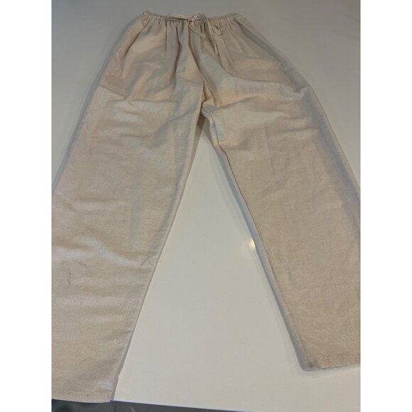 Elastic Waist Beige Linen Pants With Drawstring & Pockets  100% Linen  L - Picture 1 of 8